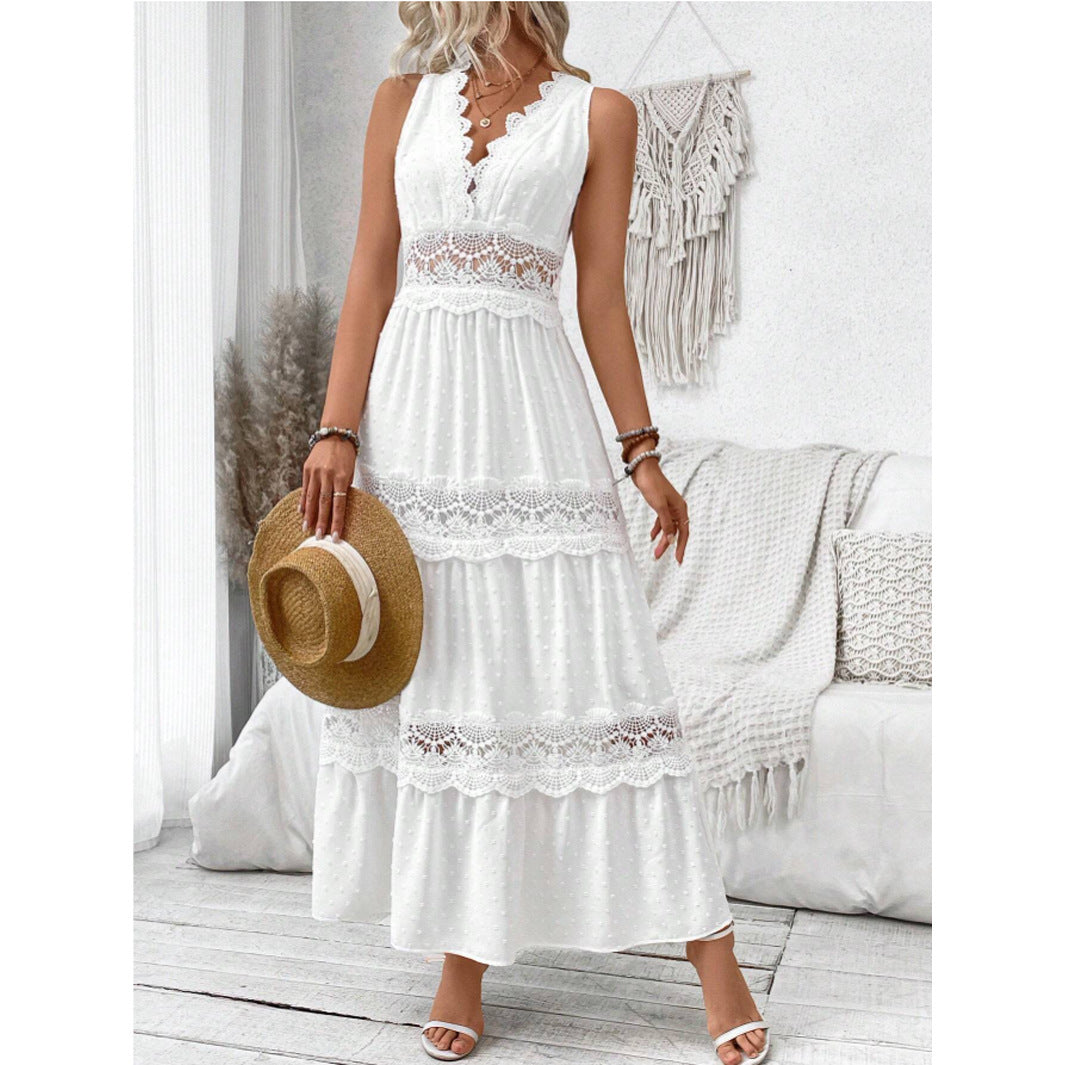 Robe Femme Col V Dentelle – Sans Manches