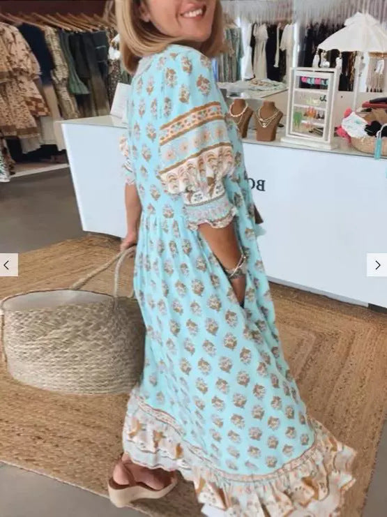 Robe Évasée Imprimée à Encolure
