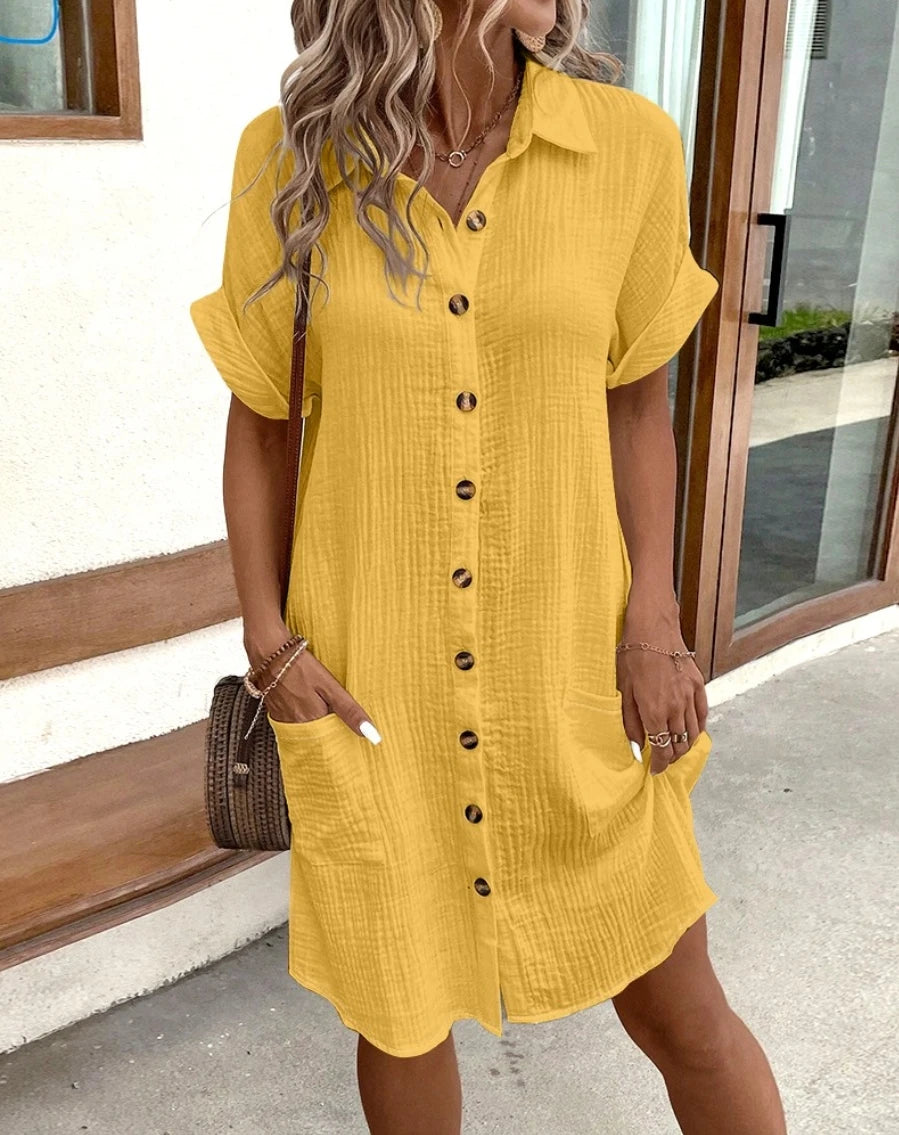 Robe Vintage Femme – Coton-Lin Col V Manches Courtes