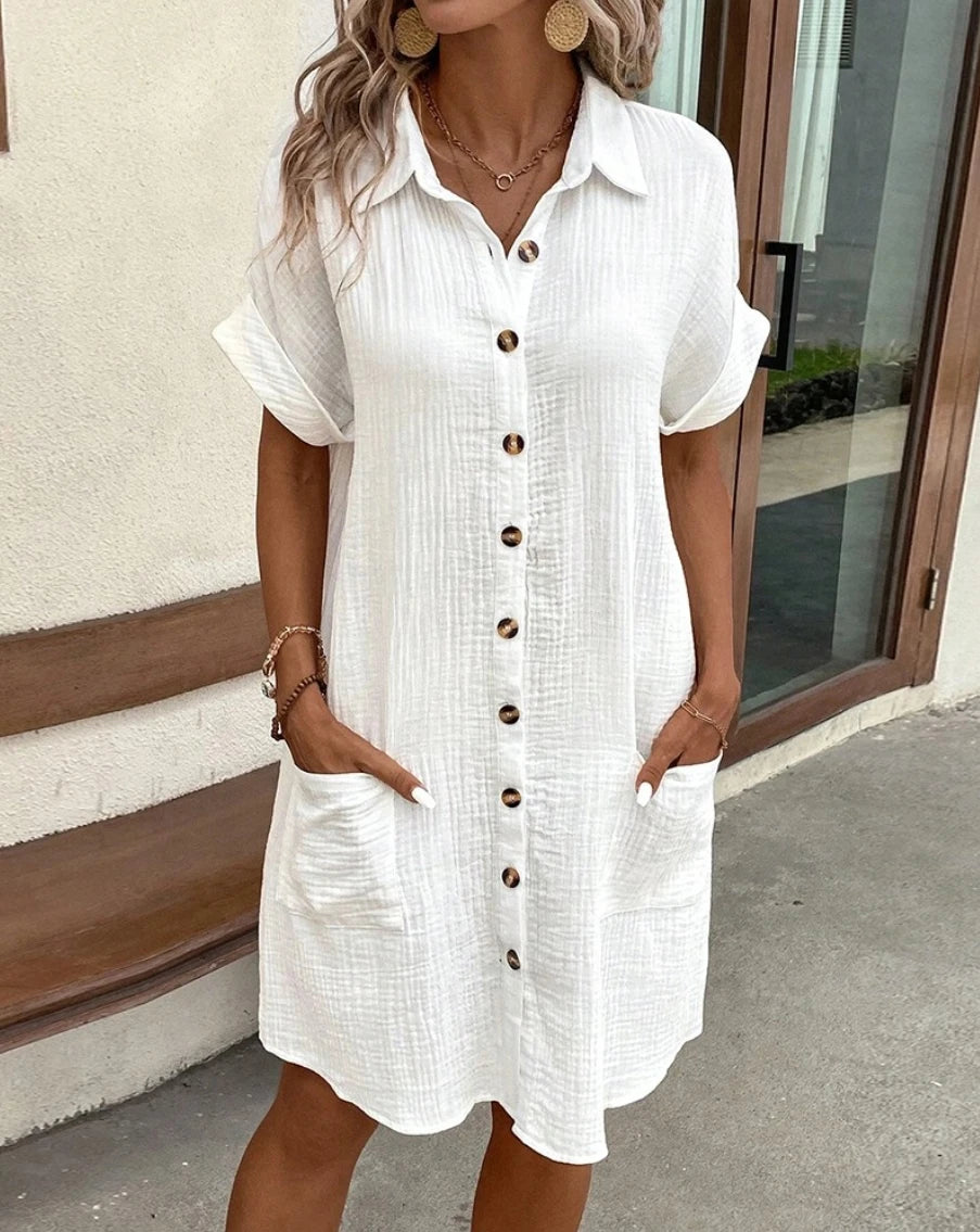 Robe Vintage Femme – Coton-Lin Col V Manches Courtes