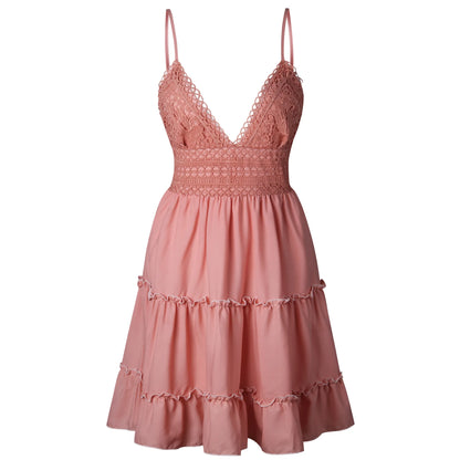 ayoub Female New Summer Fashionable Solid Color Dress Sexy Lace Strap Elegant Dresses Splicing Women's Seaside Vocation Wear