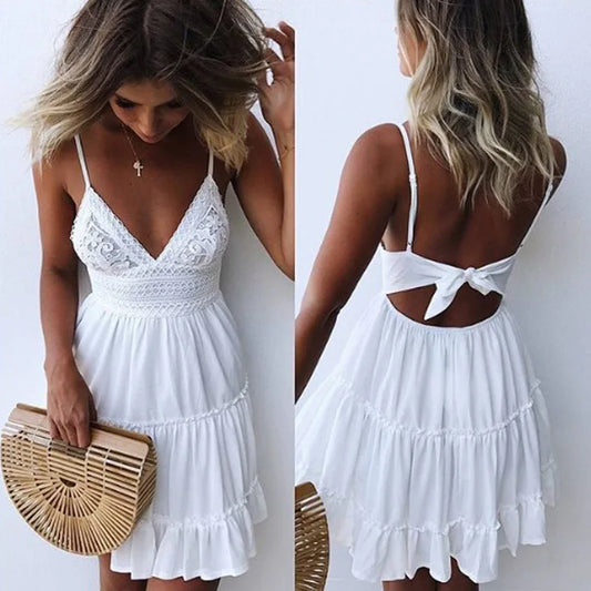 ayoub Female New Summer Fashionable Solid Color Dress Sexy Lace Strap Elegant Dresses Splicing Women's Seaside Vocation Wear